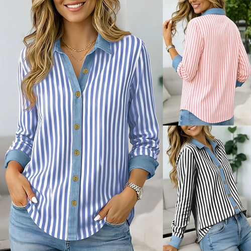 Damen Gestreifte Bluse mit Knotenfront, Kontrastkragen und knöpfbarer Hemdleiste Shop Nory