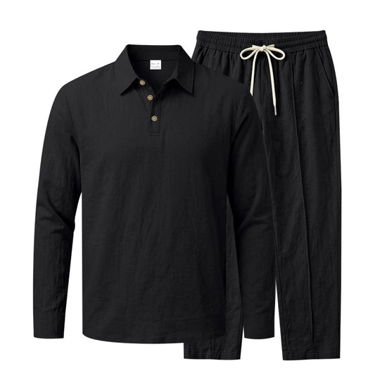 Herren Leichtes Leinen-Lounge-Set mit Henley-Kragen und elastischer Bundhose Shop Nory