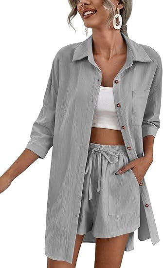 Damen Leichtes Longline-Hemdjacken-Set mit elastischer High-Waist-Shorts Shop Nory
