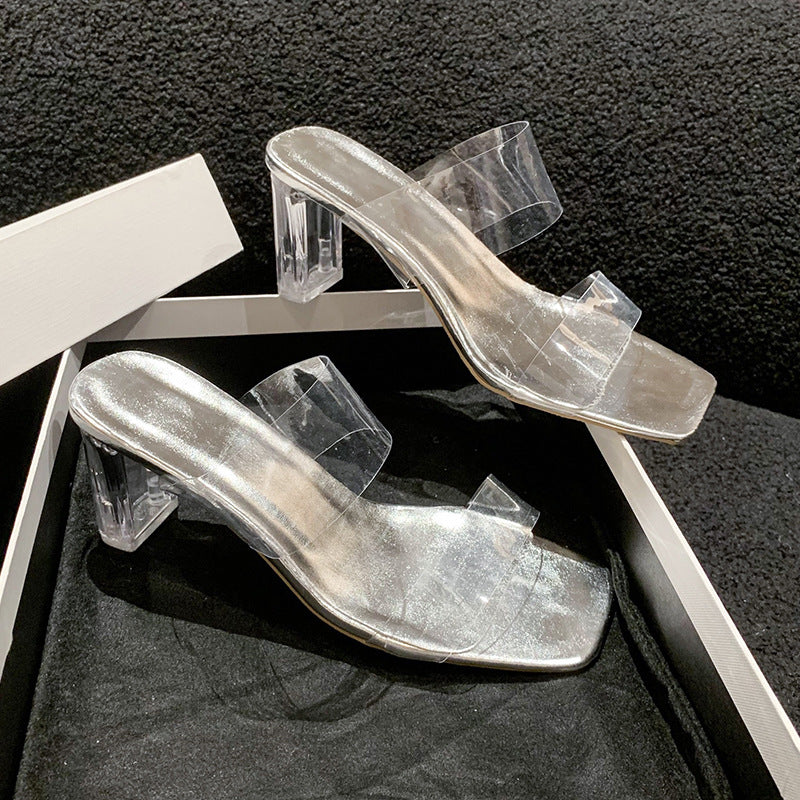 Damen Transparente PVC‑Mules mit klarem Blockabsatz und metallischem Fußbett Shop Nory