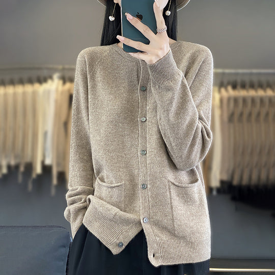 Damen Langer Feinstrick-Cardigan mit Rundhalsausschnitt, Eingrifftaschen und Alpaka-Mix Shop Nory