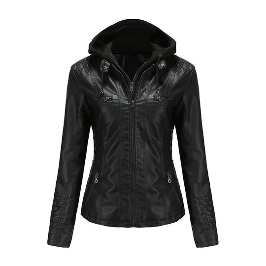 Damen Taillierte Kunstlederjacke mit abnehmbarer Kapuze und Reißverschluss Shop Nory