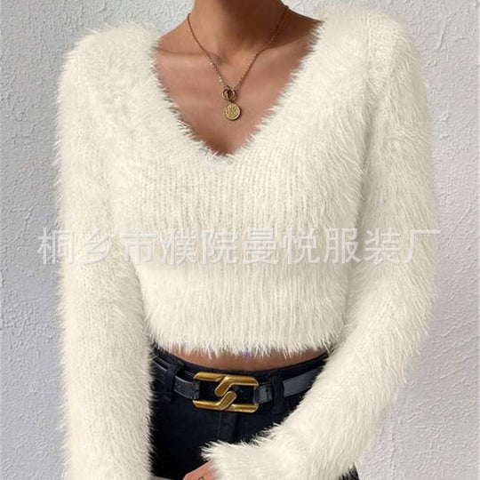 Damen Flauschiger Crop-Pullover mit V-Ausschnitt und Eyelash-Struktur Shop Nory