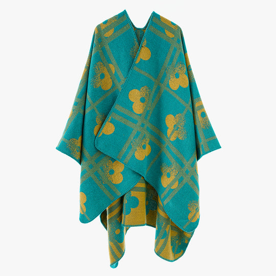 Damen Grobgewebter Deckenponcho im Ruana‑Schnitt mit floraler Karo‑Jacquard Shop Nory