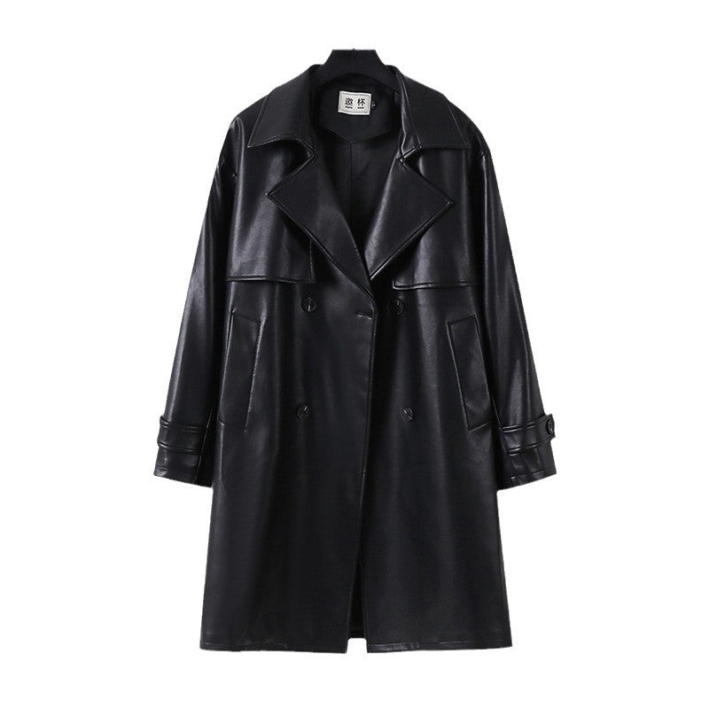Herren Lederimitat-Trenchcoat mit Doppelreiher, Oversize-Schnitt und Manschettenriegel Shop Nory
