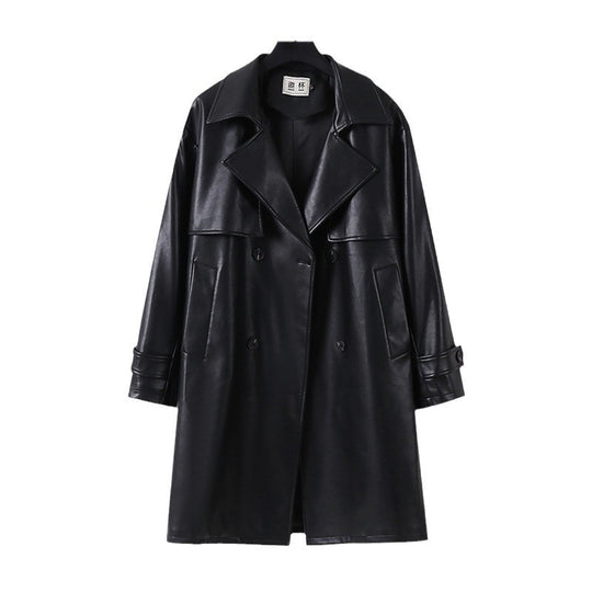 Herren Lederimitat-Trenchcoat mit Doppelreiher, Oversize-Schnitt und Manschettenriegel Shop Nory