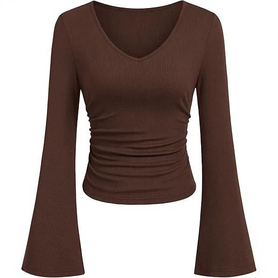 Damen Geripptes Cropped-Top mit V-Ausschnitt, taillierter Raffung und ausgestellten Trompetenärmeln Shop Nory