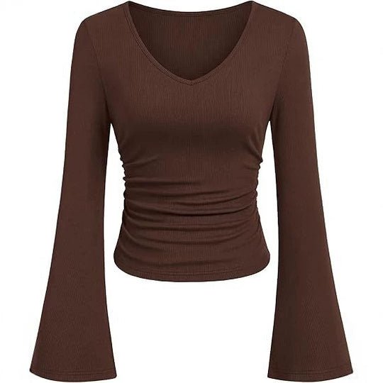 Damen Geripptes Cropped-Top mit V-Ausschnitt, taillierter Raffung und ausgestellten Trompetenärmeln Shop Nory