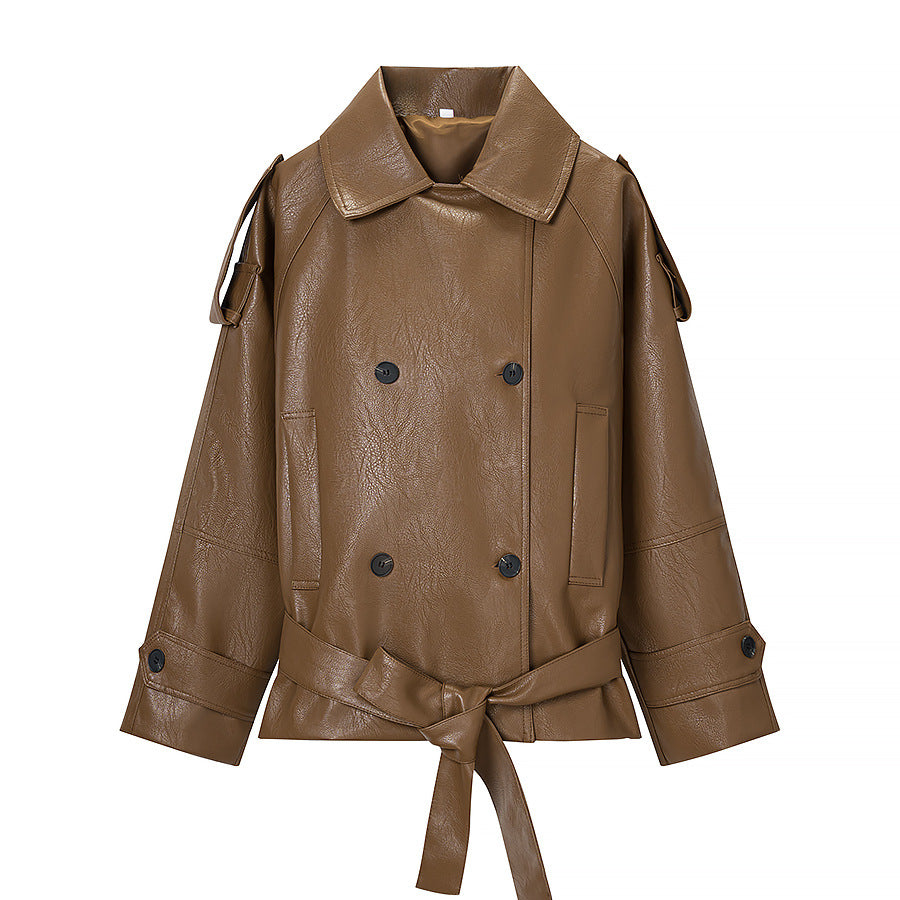 Damen Kurz geschnittener Kunstleder-Trenchcoat mit Bindegürtel und Schulterriegel Shop Nory