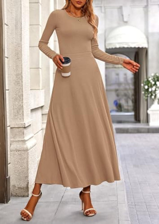 Damen Langärmeliges Maxikleid mit tailliertem Oberteil und fließendem A-Linien-Rock Shop Nory