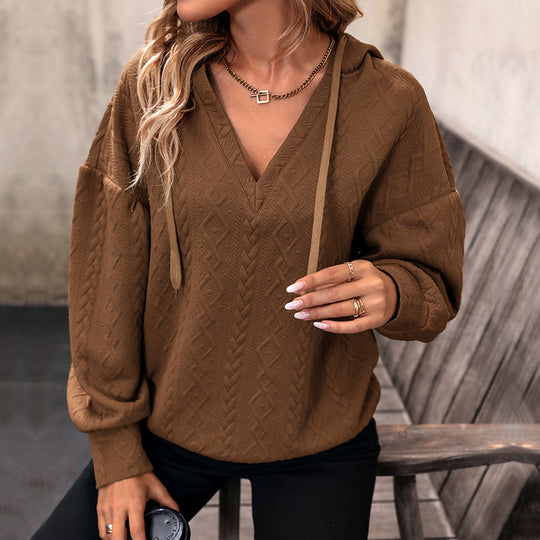 Damen Strukturiertes Zopfmuster-Kapuzen-Sweatshirt mit V-Ausschnitt und Ballonärmeln Shop Nory