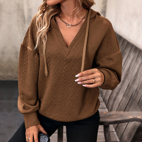 Damen Strukturiertes Zopfmuster-Kapuzen-Sweatshirt mit V-Ausschnitt und Ballonärmeln Shop Nory