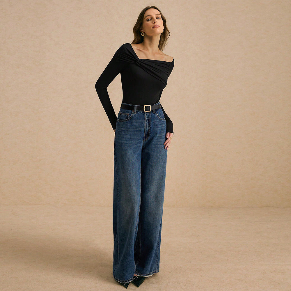 Damen schulterfreies figurbetontes Langarm-Top mit gedrehtem Frontdetail und seitlichen Raffungsnähten Shop Nory