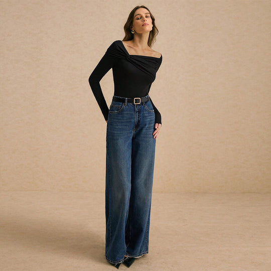 Damen schulterfreies figurbetontes Langarm-Top mit gedrehtem Frontdetail und seitlichen Raffungsnähten Shop Nory
