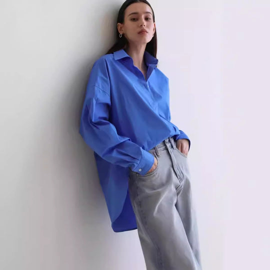 Damen Oversize-Poplinhemd mit hohem Stehkragen, kastiger Passform und überschnittenen Schultern Shop Nory