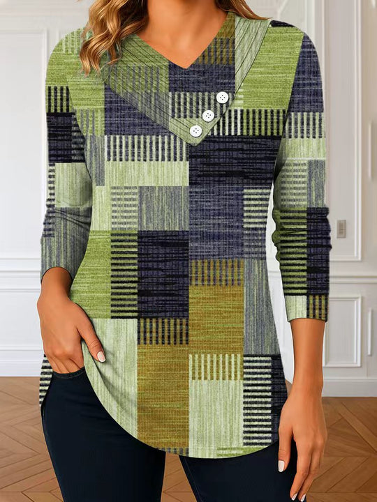 Damen Langarm-Tunika mit asymmetrischem V-Ausschnitt, Zierknopfleiste und kariertem Patchworkmuster Shop Nory