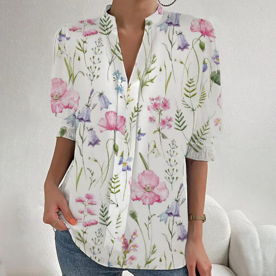 Damen Blumenprint Tunika-Bluse mit Stehkragen, geschlitzter V‑Blende und gerafften 3/4-Ärmeln Shop Nory