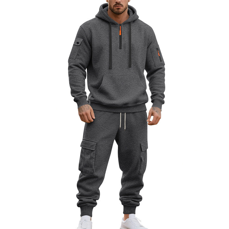 Herren nan zweiteiliges Utility-Freizeitset Hoodie mit halbhohem Reißverschluss, Ärmeltasche und Cargo-Jogginghose mit Klappentaschen Shop Nory