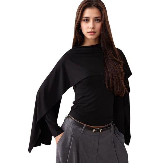 Damen asymmetrisches Cape-Longsleeve mit hohem Kragen und fließendem Overlay Shop Nory