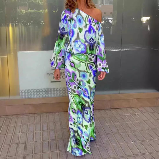 Damen Maxikleid mit asymmetrischer Ein-Schulter, fließendem Satin und Glockenärmeln Shop Nory