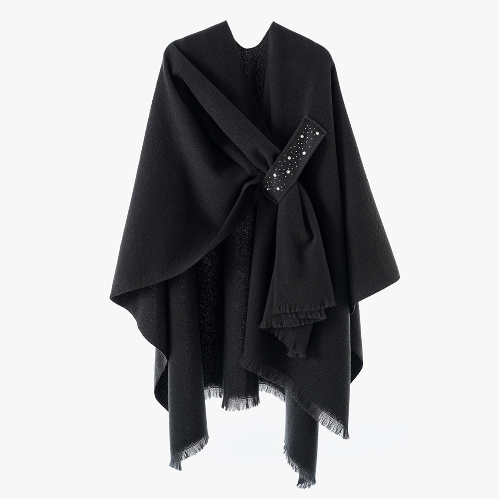 Damen Eleganter Wickel-Umhang aus Wollmischung mit Taillenschärpe und Fransensaum Shop Nory