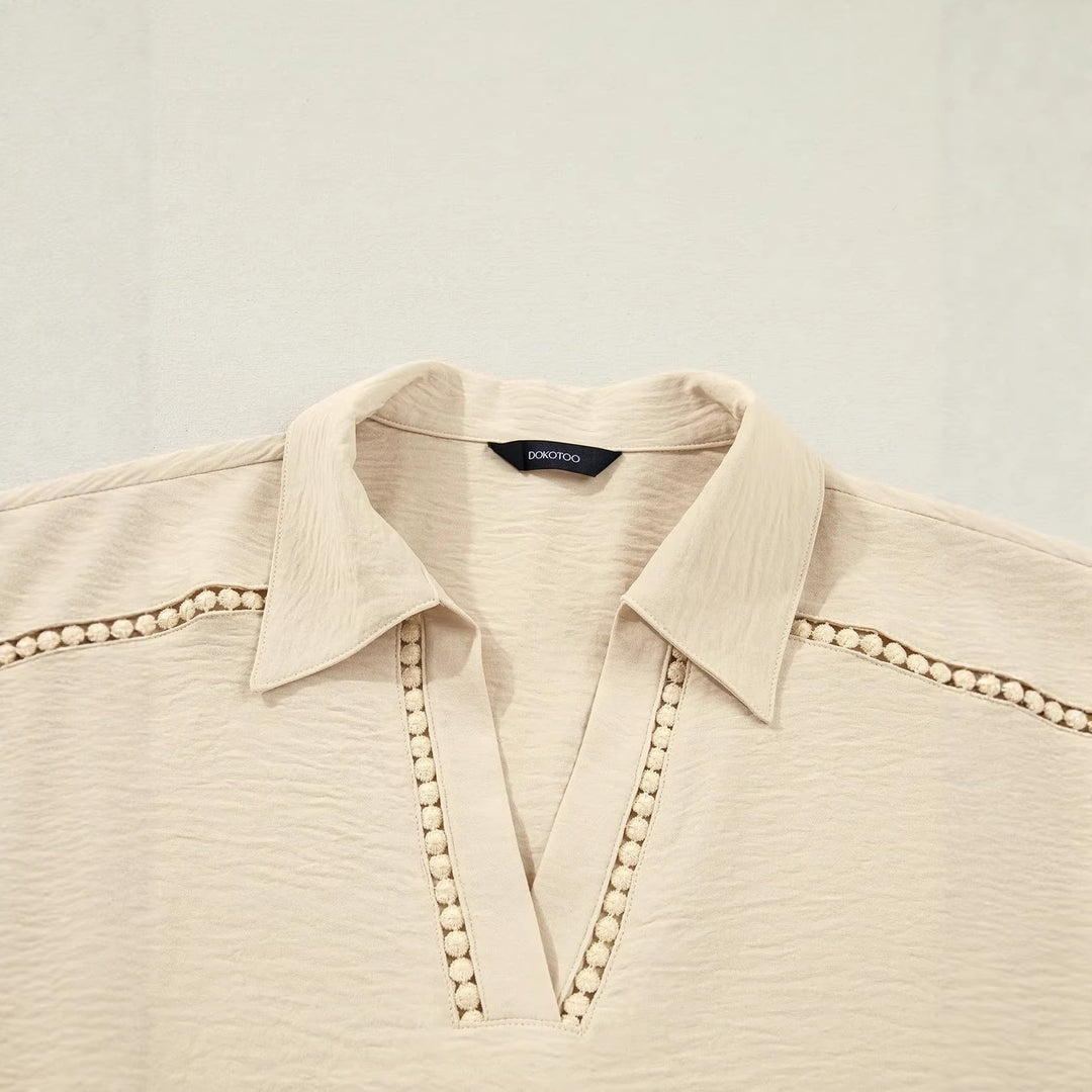 Damen Bluse mit V-Ausschnitt, gehäkelter Spitzenpasse und krempelbaren Dreiviertelärmeln Shop Nory