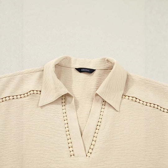Damen Bluse mit V-Ausschnitt, gehäkelter Spitzenpasse und krempelbaren Dreiviertelärmeln Shop Nory