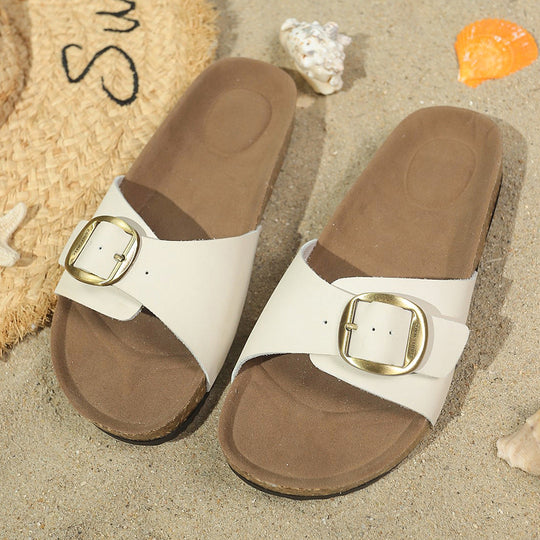 Damen Komfortable Fußbett-Sandalen mit breitem Riemen und glänzender Schnalle