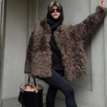 Damen Oversized Kunstfellmantel mit hohem Kragen und Teddystruktur Shop Nory