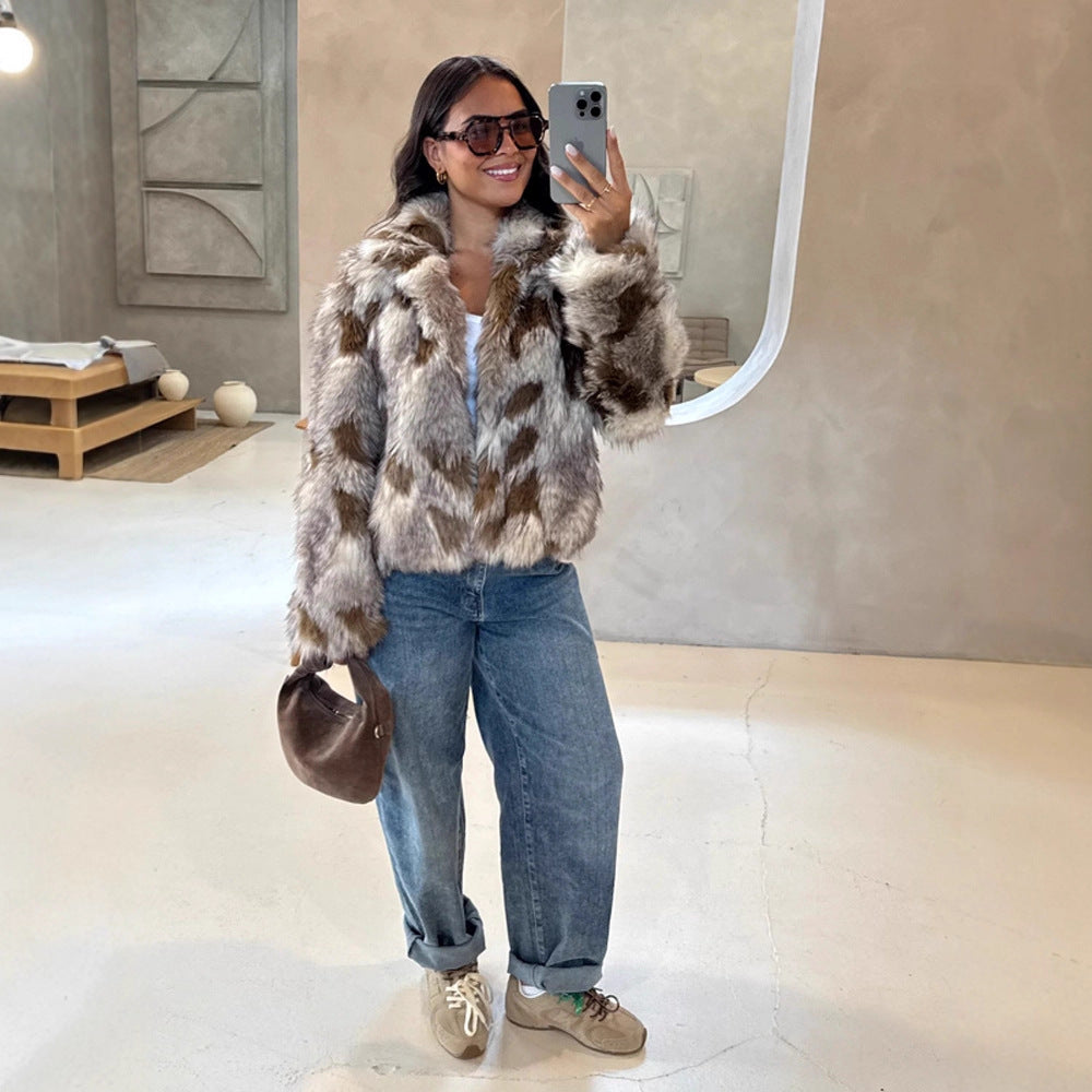 Damen Boxy-Kurzjacke aus Webpelz mit natürlicher Felloptik und breitem Schalkragen Shop Nory