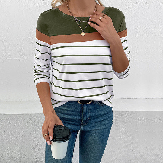 Damen Gestreiftes Langarmshirt mit Colorblock-Detail und Rundhalsausschnitt Shop Nory