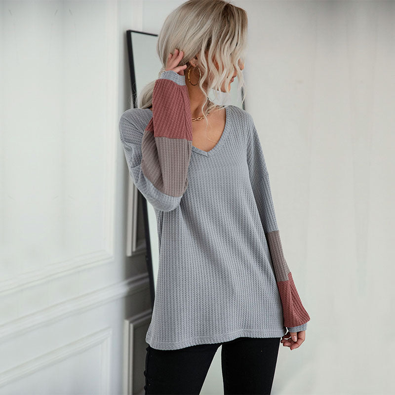 Damen Legeres Waffelstrick-Tunika-Shirt mit V‑Ausschnitt und Colorblock-Ärmeln Shop Nory