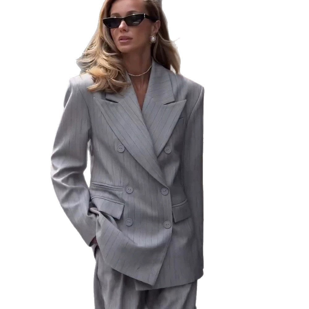 Damen Oversize-Doppelreiher Blazer-Set mit Nadelstreifen und weiten Bundfaltenhosen Shop Nory