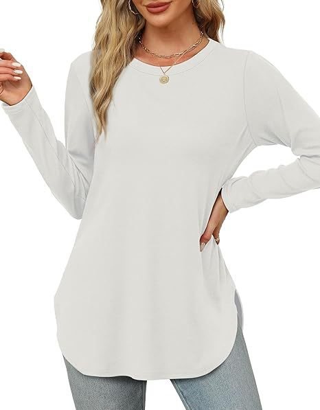Damen Lässiges Longsleeve-Tunikaoberteil mit Rundhalsausschnitt, Seitenschlitzen und Aquarell-Blattprint Shop Nory