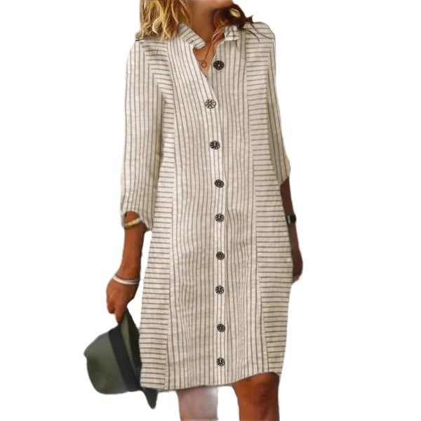 Damen gestreiftes Hemdkleid mit Knopfleiste und 3/4-Ärmeln Shopnory