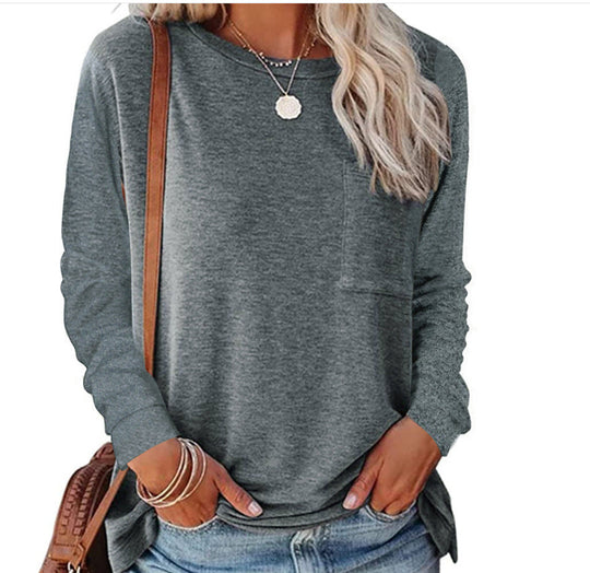 Damen lässiges Langarmshirt mit Taschen und Rundhalsausschnitt