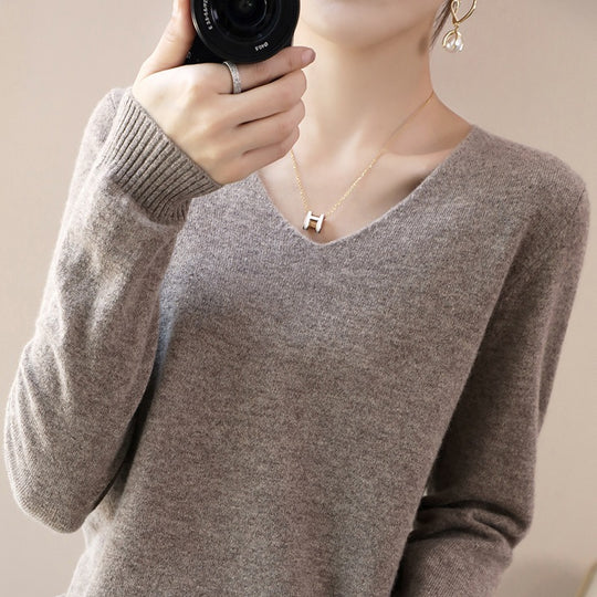 Damen V-Ausschnitt Pullover in Kaschmir-Optik mit legerem Schnitt und Rippbündchen Shop Nory