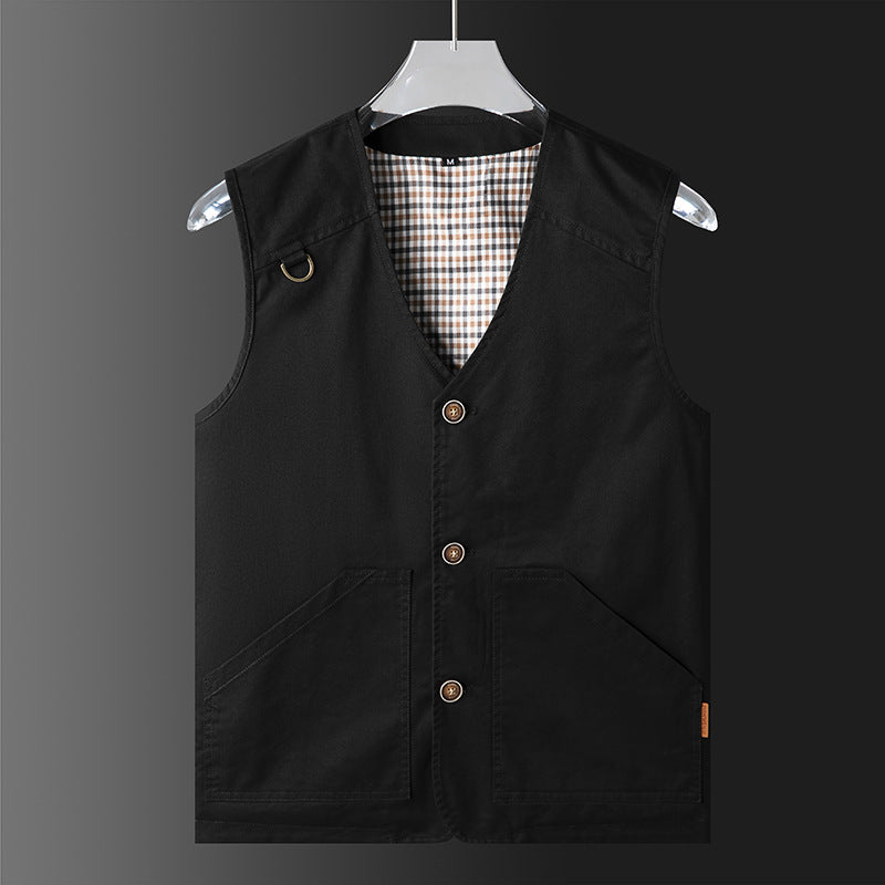 Herren Ärmellose Utility‑Weste mit V‑Ausschnitt, Baumwoll‑Canvas, Knopfleiste und großen Fronttaschen Shop Nory