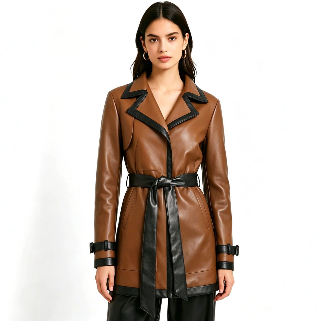 Damen taillierter Kunstleder-Trenchcoat mit kontrastbesatz und Bindegürtel Shop Nory