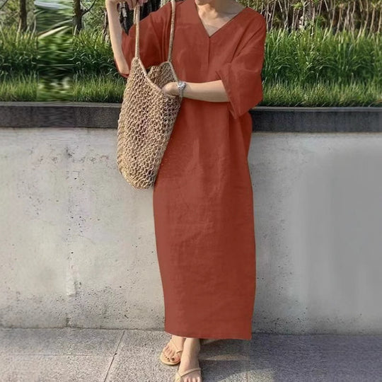 Damen Lässiges Leinen-Maxikleid mit V-Ausschnitt und Oversize-Relax-Fit Shop Nory
