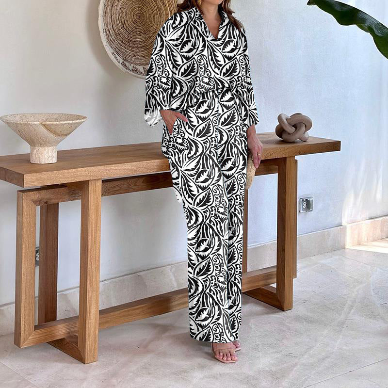 Damen Gemustertes Kimono-Lounge-Set mit weitem Palazzohose aus leichtem Viskose-Mix Shop Nory