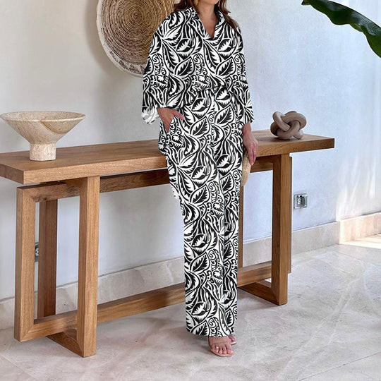 Damen Gemustertes Kimono-Lounge-Set mit weitem Palazzohose aus leichtem Viskose-Mix Shop Nory