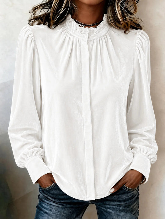 Damen Samtbluse mit Rüschen-Stehkragen, verdeckter Knopfleiste und gerafften Ballonärmeln Shop Nory