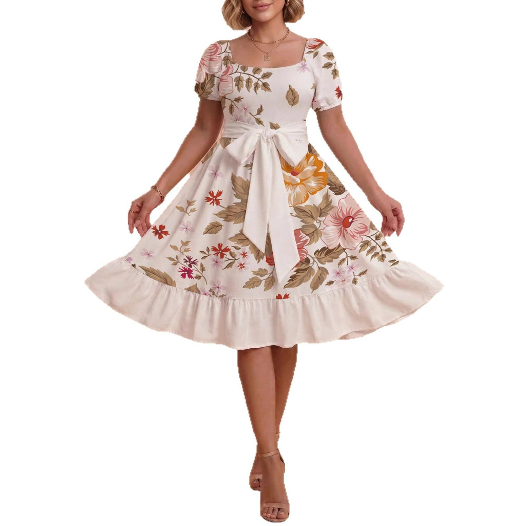Damen Sommerliches Blumenkleid mit taillierbarem Gürtel und voluminösen Ärmeln