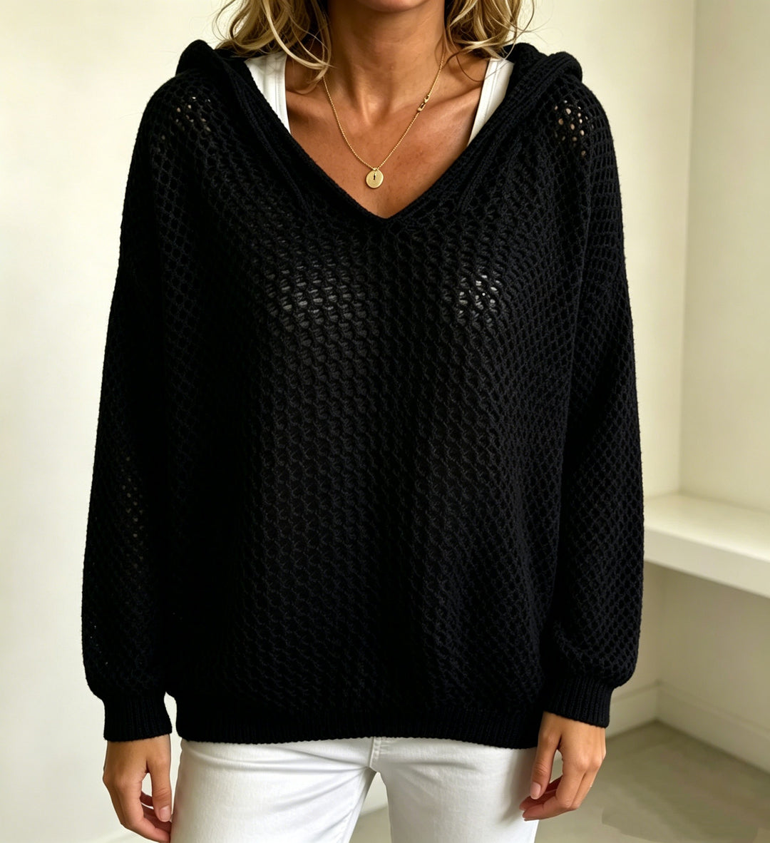 Damen Grobgestrickter V-Ausschnitt-Pullover mit Kapuze und Lochmuster Shop Nory