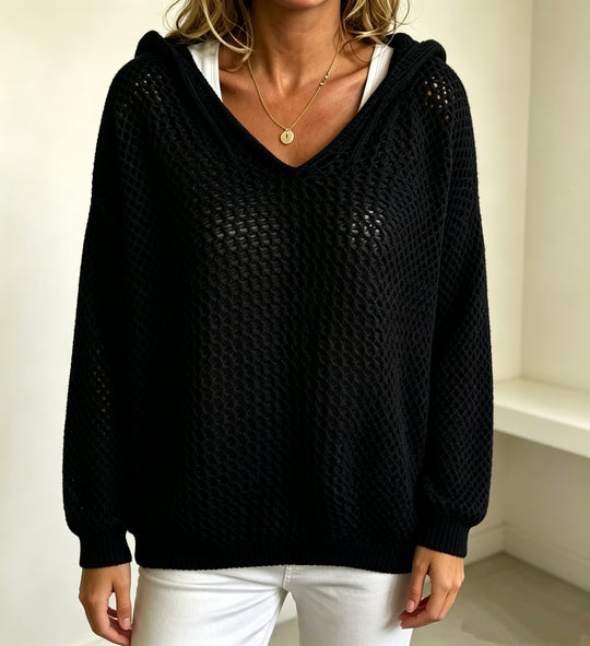 Damen Grobgestrickter V-Ausschnitt-Pullover mit Kapuze und Lochmuster Shop Nory