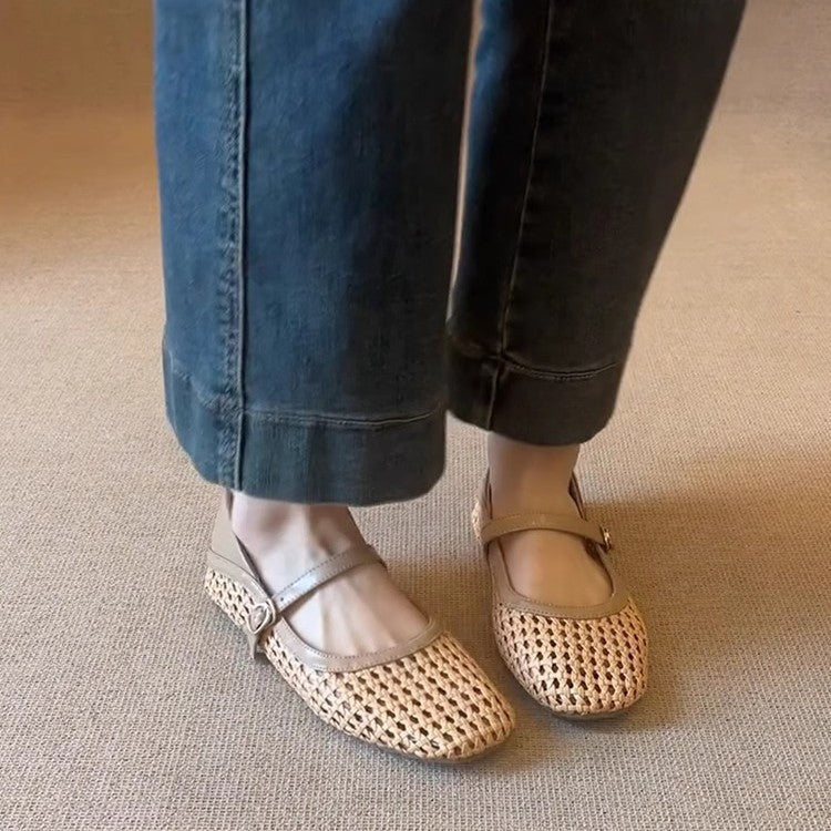 Damen atmungsaktive Kunstleder-Ballerinas mit geflochtenem Design
