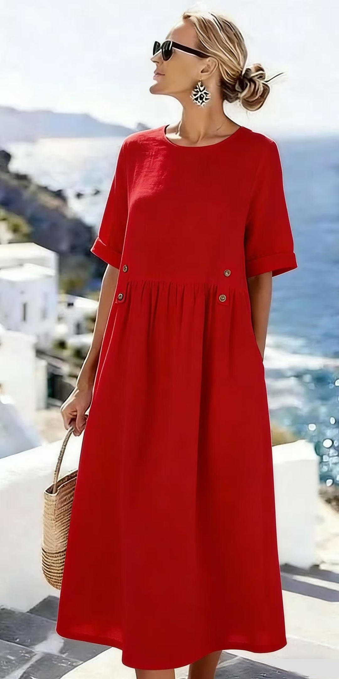 Damen Langes Leinenoptik-Sommerkleid mit geraffter Taillenpartie und Eingrifftaschen Shop Nory