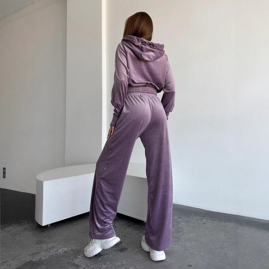 Damen Velours-Lounge-Set mit Cropped Kapuzenjacke und High-Waist weitem Bein Shop Nory