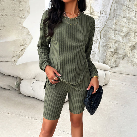 Damen nan geripptes Lounge-Set aus Feinstrick mit Oversize-Longsleeve und High‑Waist Bike-Shorts Shop Nory